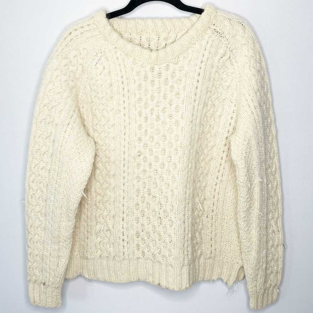 Handmade Fisherman Cable Knit Sweater Size M Distressed Wool Chunky Flaws